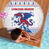 Slovenian Winter Beach Blanket Ljubljana Dragon with Nordic Snowflakes and Alpine Vibes