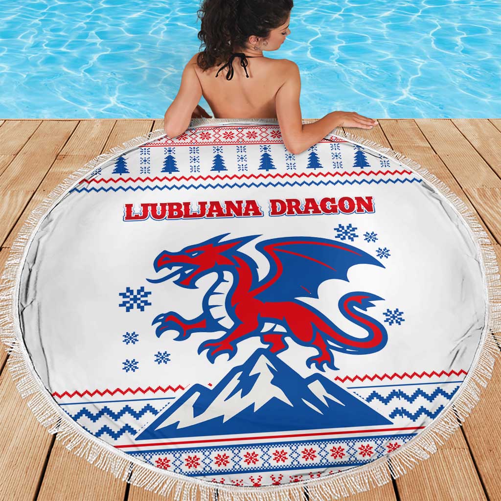 Slovenian Winter Beach Blanket Ljubljana Dragon with Nordic Snowflakes and Alpine Vibes