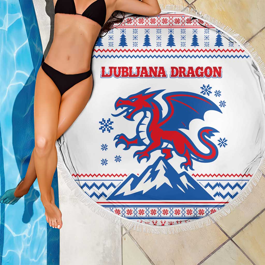 Slovenian Winter Beach Blanket Ljubljana Dragon with Nordic Snowflakes and Alpine Vibes