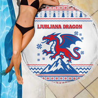 Slovenian Winter Beach Blanket Ljubljana Dragon with Nordic Snowflakes and Alpine Vibes