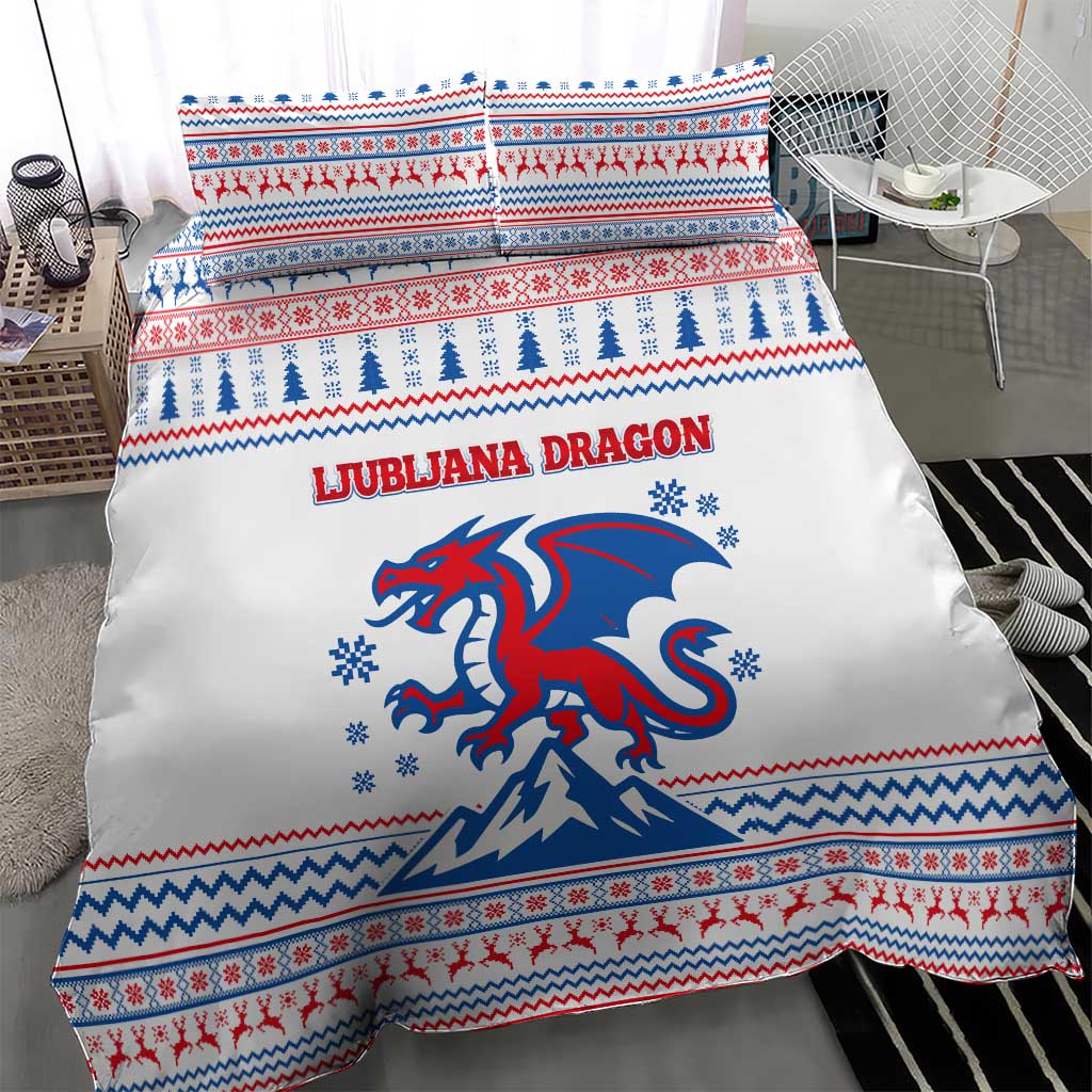 Slovenian Winter Bedding Set Ljubljana Dragon with Nordic Snowflakes and Alpine Vibes