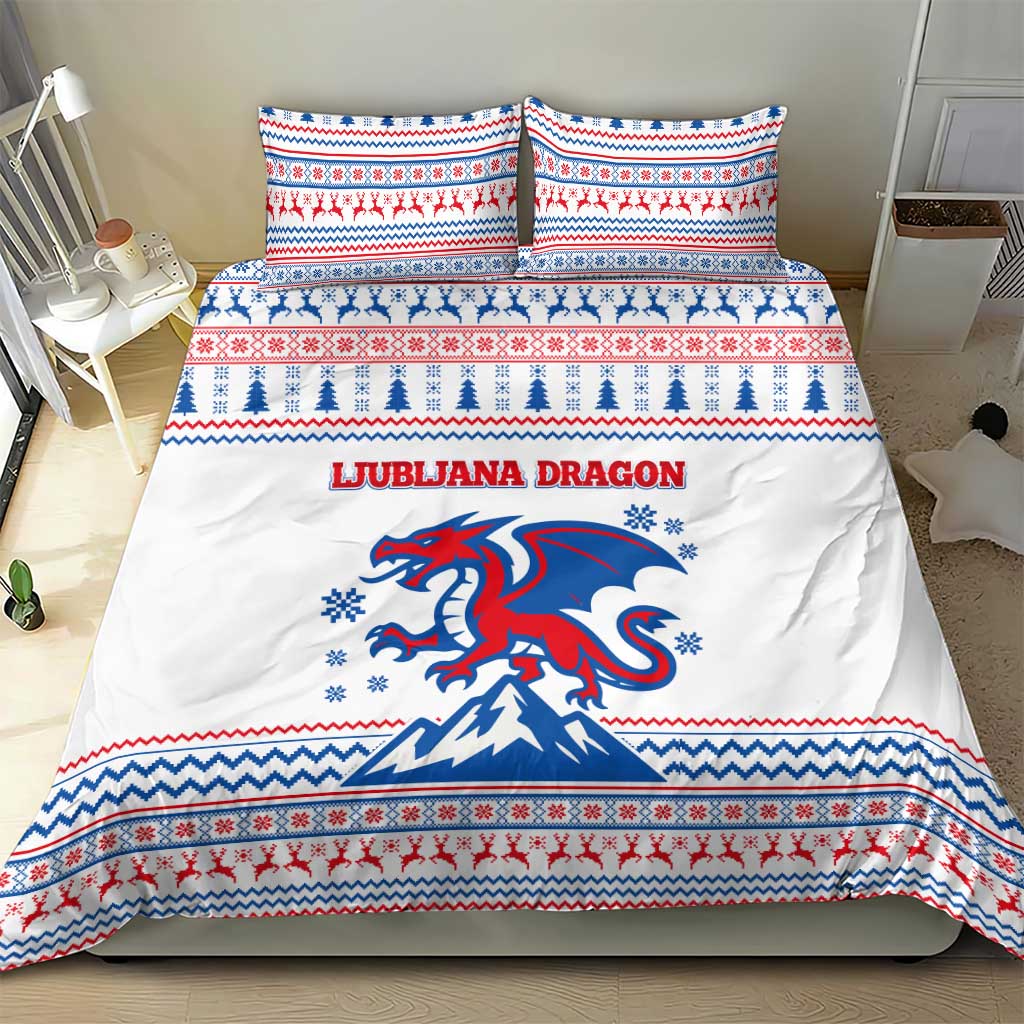 Slovenian Winter Bedding Set Ljubljana Dragon with Nordic Snowflakes and Alpine Vibes