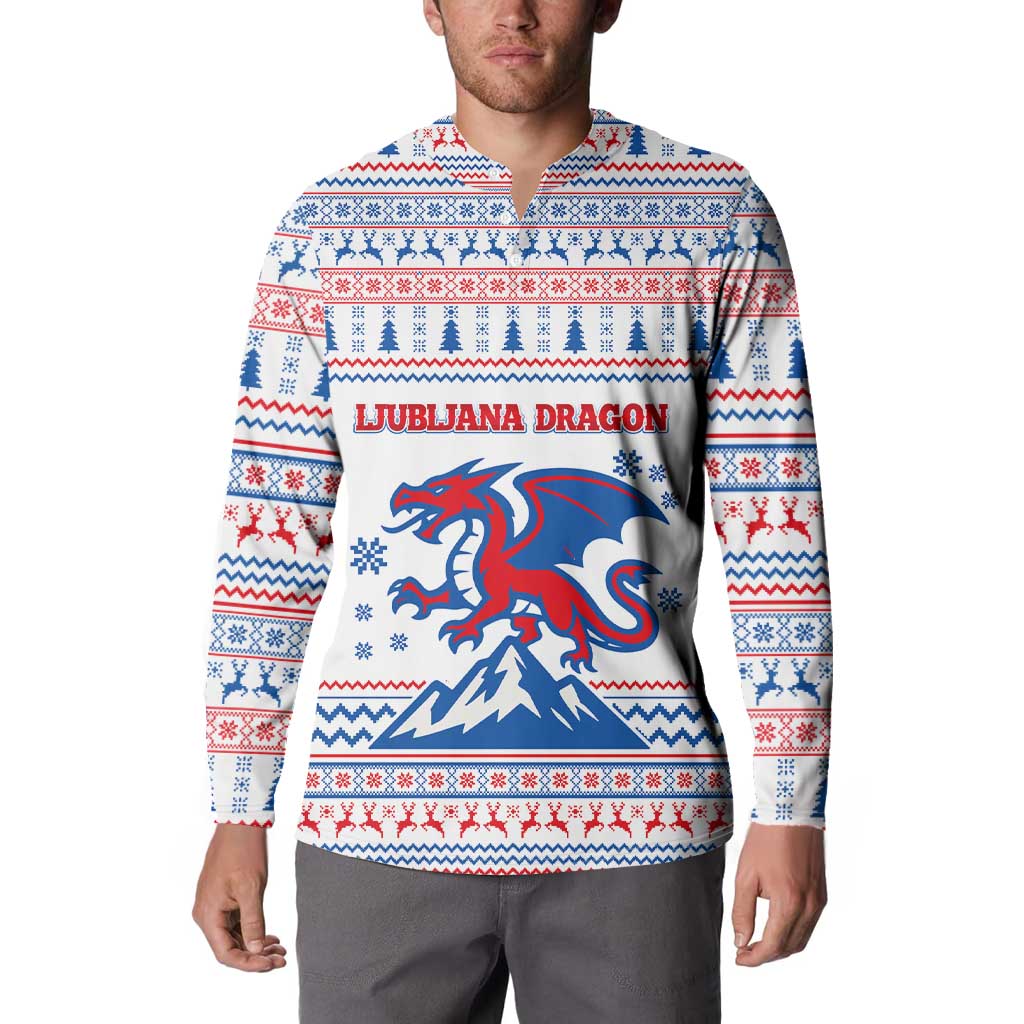 Slovenian Winter Button Sweatshirt Ljubljana Dragon with Nordic Snowflakes and Alpine Vibes