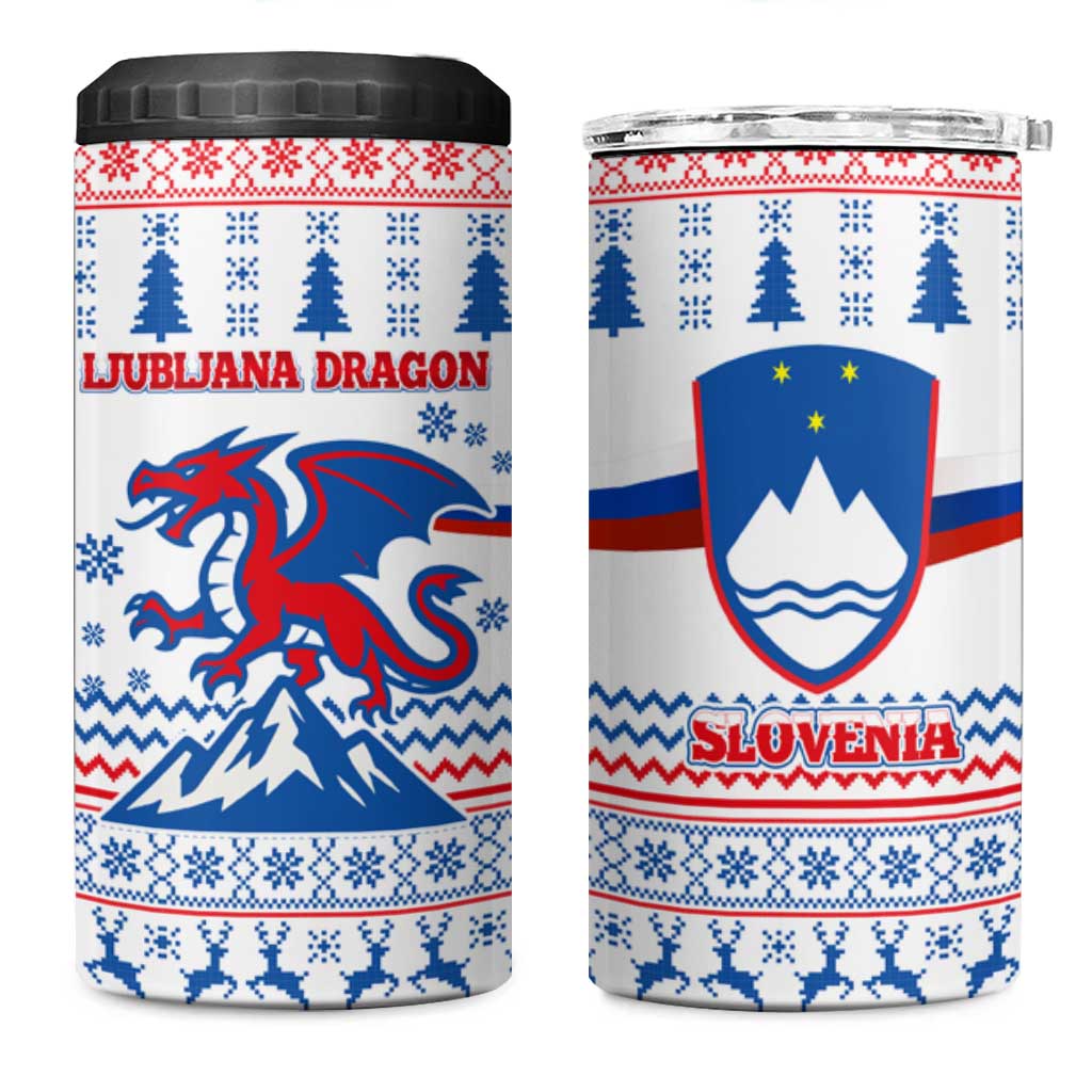 Slovenian Winter 4 in 1 Can Cooler Tumbler Ljubljana Dragon with Nordic Snowflakes and Alpine Vibes