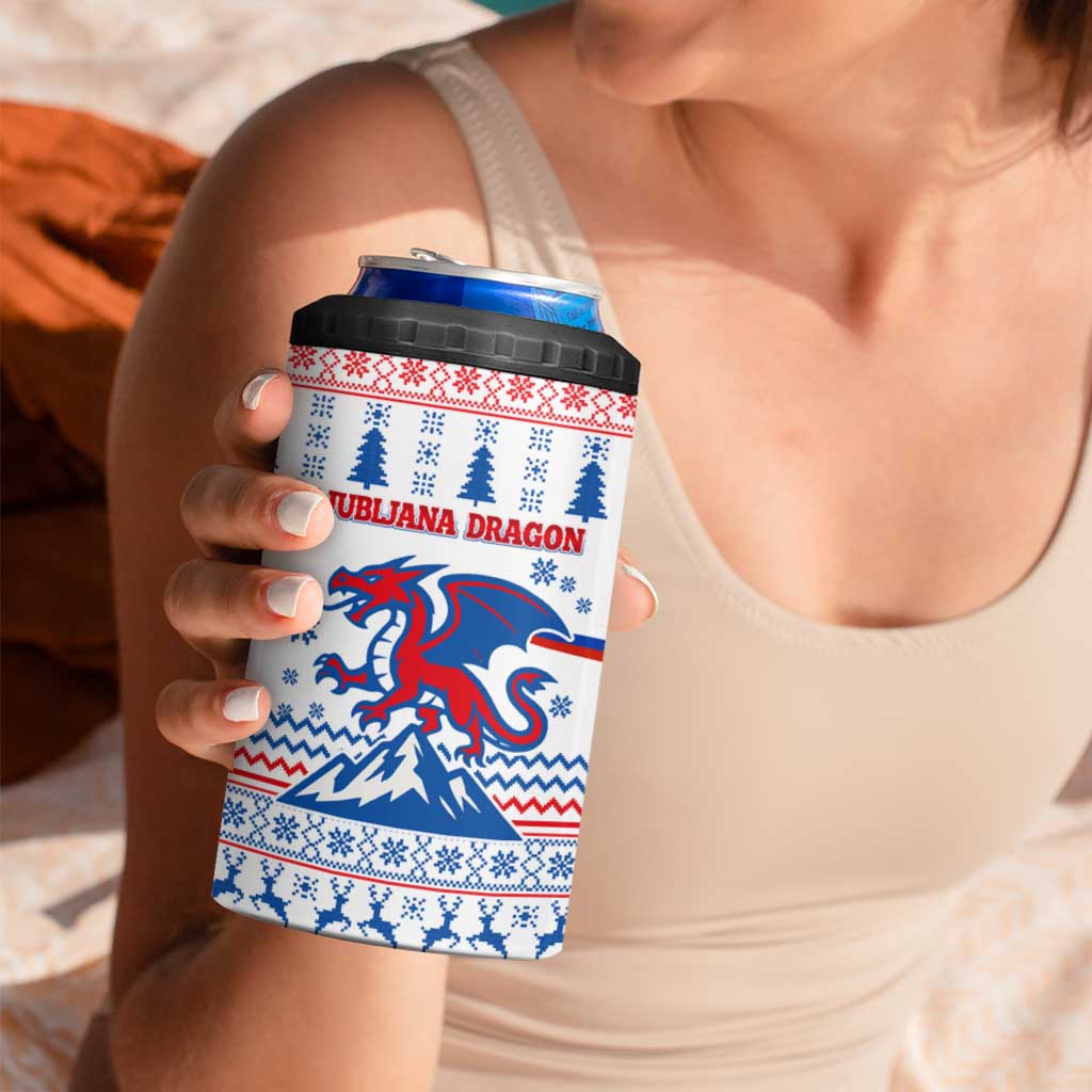 Slovenian Winter 4 in 1 Can Cooler Tumbler Ljubljana Dragon with Nordic Snowflakes and Alpine Vibes