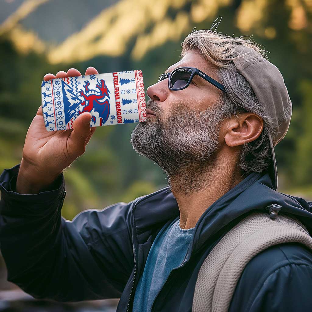 Slovenian Winter 4 in 1 Can Cooler Tumbler Ljubljana Dragon with Nordic Snowflakes and Alpine Vibes
