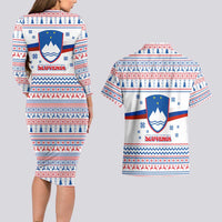 Slovenian Winter Couples Matching Long Sleeve Bodycon Dress and Hawaiian Shirt Ljubljana Dragon with Nordic Snowflakes and Alpine Vibes