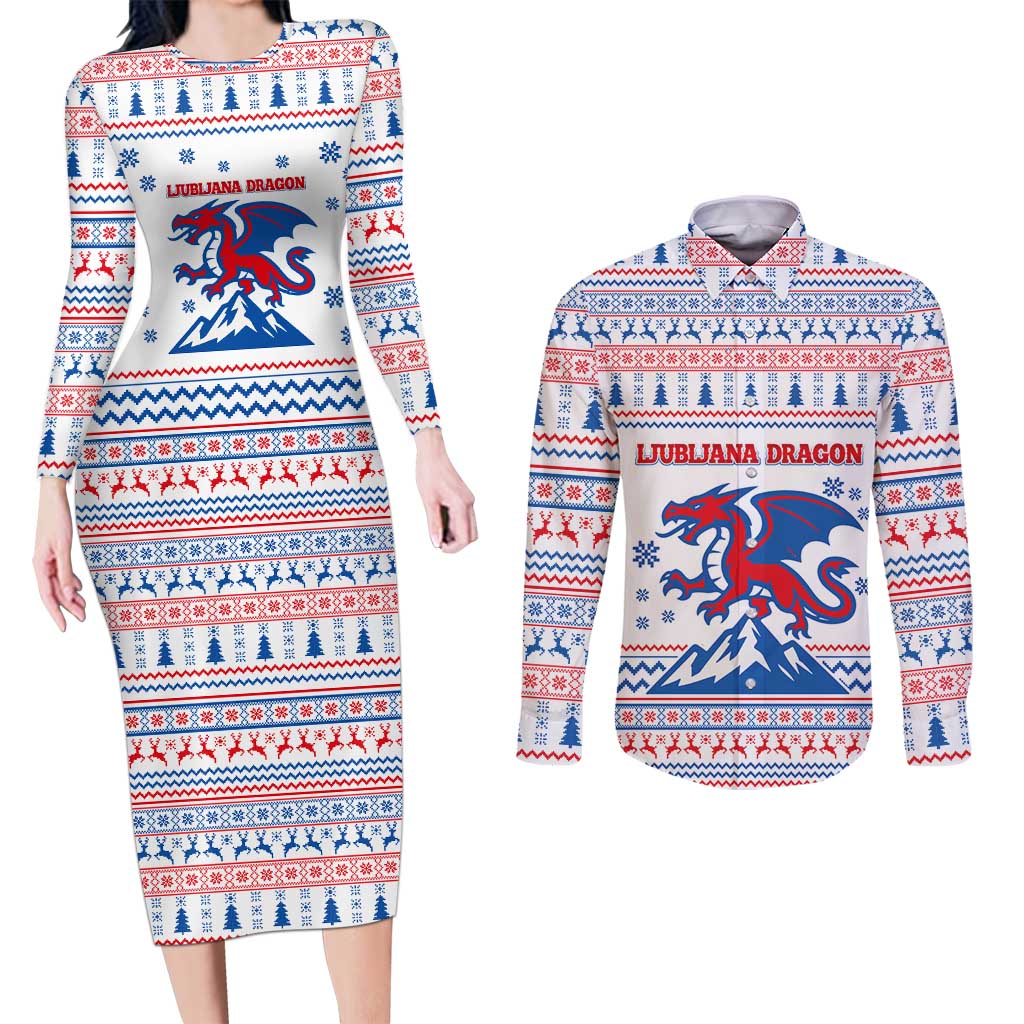 Slovenian Winter Couples Matching Long Sleeve Bodycon Dress and Long Sleeve Button Shirt Ljubljana Dragon with Nordic Snowflakes and Alpine Vibes