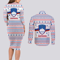 Slovenian Winter Couples Matching Long Sleeve Bodycon Dress and Long Sleeve Button Shirt Ljubljana Dragon with Nordic Snowflakes and Alpine Vibes