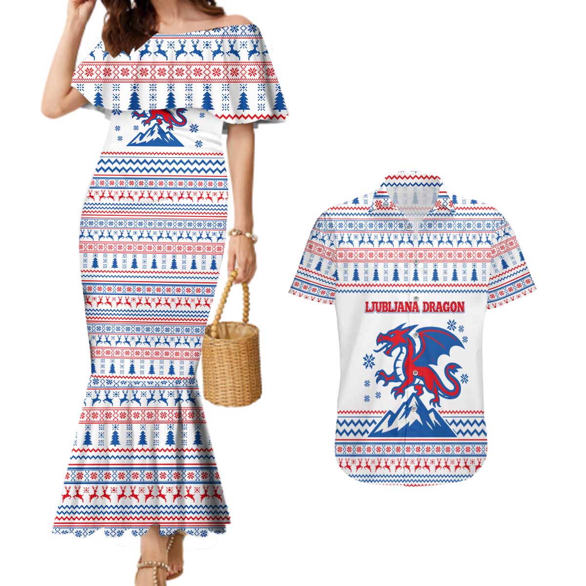 Slovenian Winter Couples Matching Mermaid Dress and Hawaiian Shirt Ljubljana Dragon with Nordic Snowflakes and Alpine Vibes