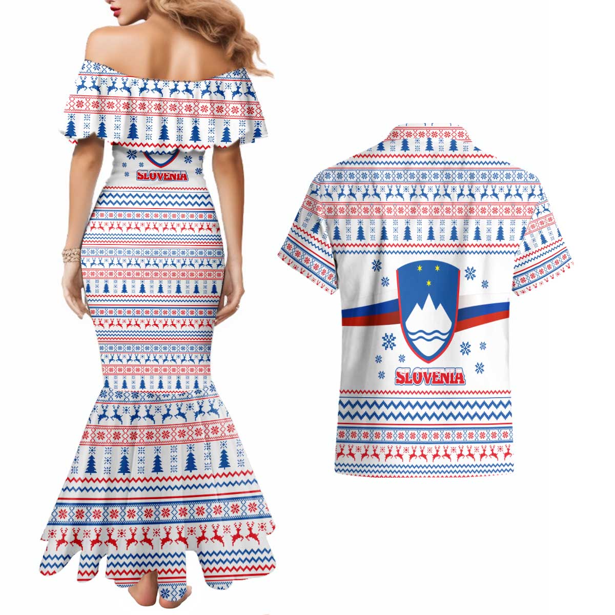 Slovenian Winter Couples Matching Mermaid Dress and Hawaiian Shirt Ljubljana Dragon with Nordic Snowflakes and Alpine Vibes