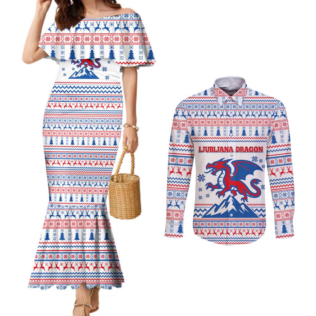 Slovenian Winter Couples Matching Mermaid Dress and Long Sleeve Button Shirt Ljubljana Dragon with Nordic Snowflakes and Alpine Vibes