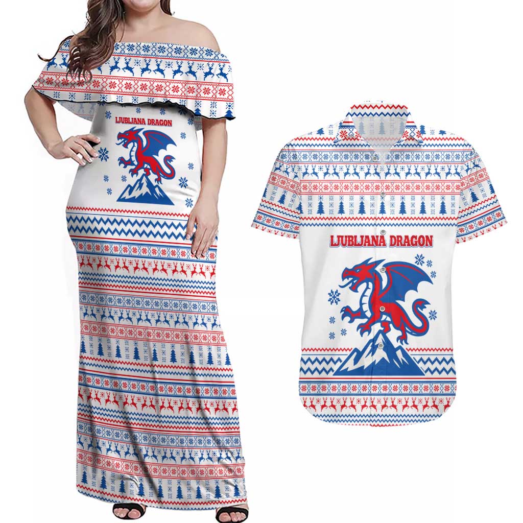 Slovenian Winter Couples Matching Off Shoulder Maxi Dress and Hawaiian Shirt Ljubljana Dragon with Nordic Snowflakes and Alpine Vibes