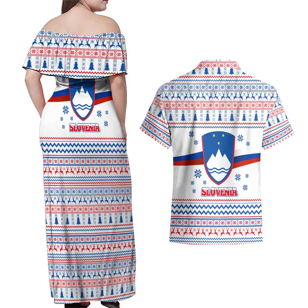 Slovenian Winter Couples Matching Off Shoulder Maxi Dress and Hawaiian Shirt Ljubljana Dragon with Nordic Snowflakes and Alpine Vibes