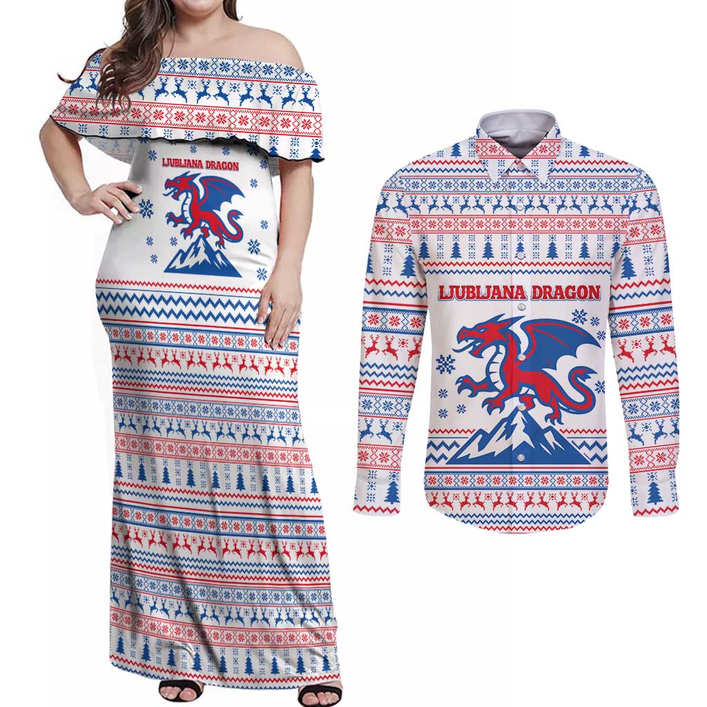 Slovenian Winter Couples Matching Off Shoulder Maxi Dress and Long Sleeve Button Shirt Ljubljana Dragon with Nordic Snowflakes and Alpine Vibes