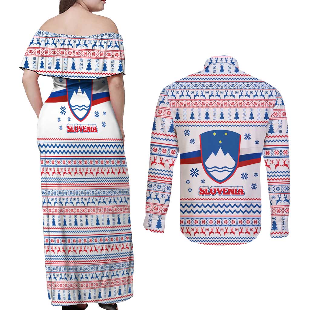 Slovenian Winter Couples Matching Off Shoulder Maxi Dress and Long Sleeve Button Shirt Ljubljana Dragon with Nordic Snowflakes and Alpine Vibes