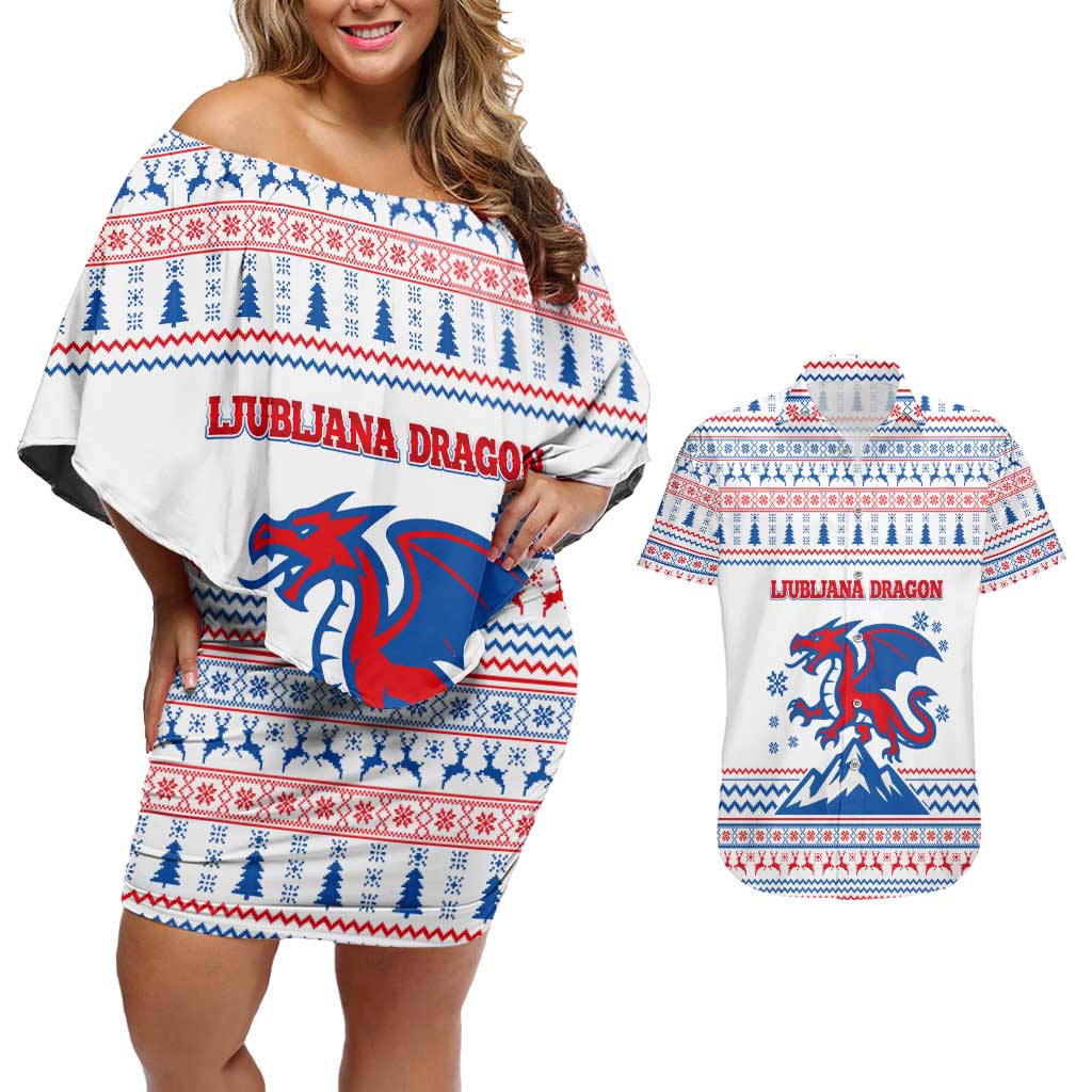 Slovenian Winter Couples Matching Off Shoulder Short Dress and Hawaiian Shirt Ljubljana Dragon with Nordic Snowflakes and Alpine Vibes