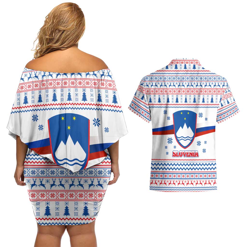 Slovenian Winter Couples Matching Off Shoulder Short Dress and Hawaiian Shirt Ljubljana Dragon with Nordic Snowflakes and Alpine Vibes