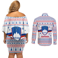 Slovenian Winter Couples Matching Off Shoulder Short Dress and Long Sleeve Button Shirt Ljubljana Dragon with Nordic Snowflakes and Alpine Vibes
