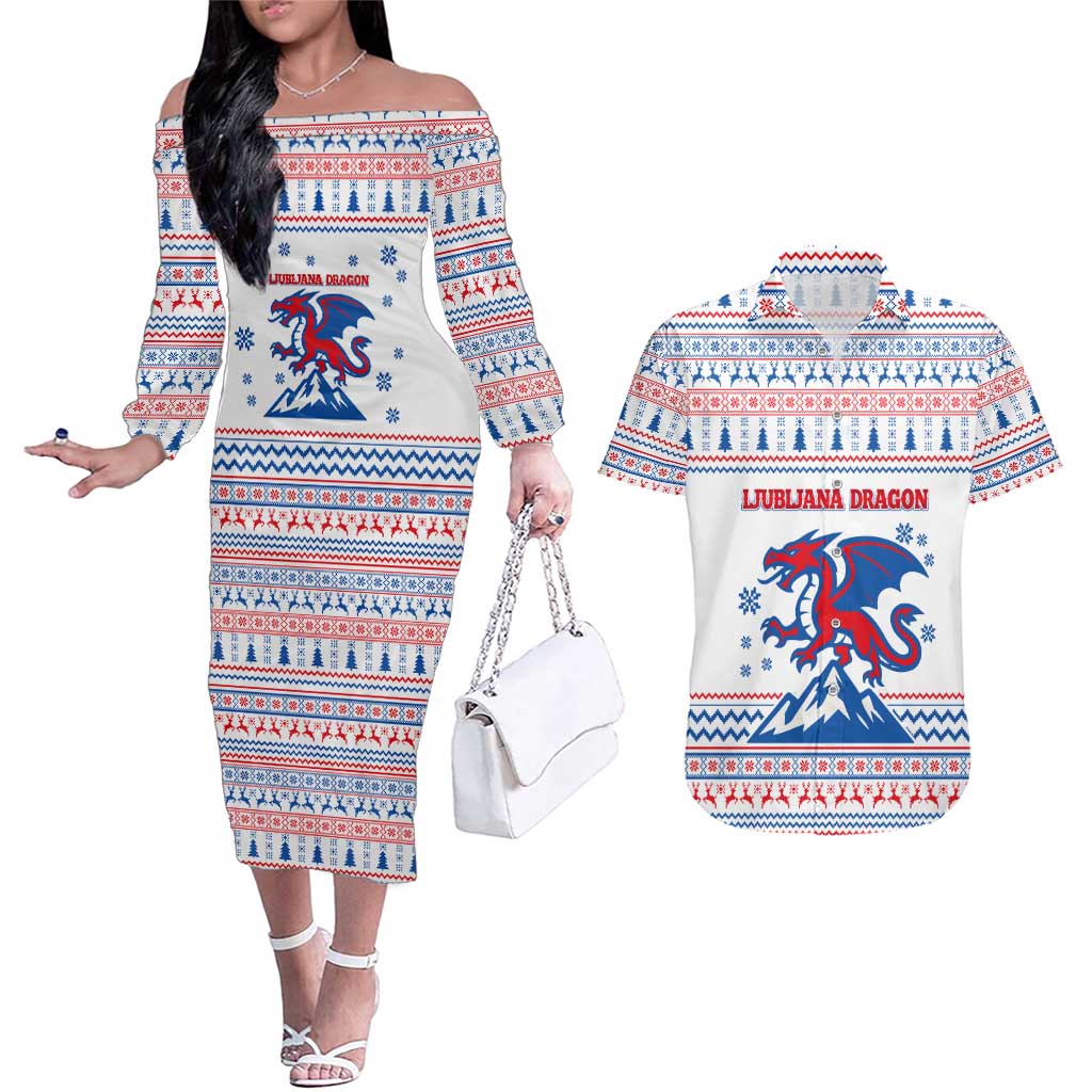 Slovenian Winter Couples Matching Off The Shoulder Long Sleeve Dress and Hawaiian Shirt Ljubljana Dragon with Nordic Snowflakes and Alpine Vibes