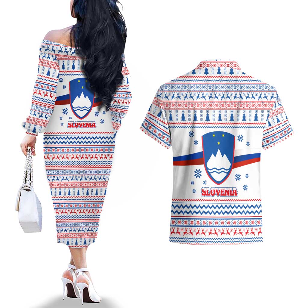 Slovenian Winter Couples Matching Off The Shoulder Long Sleeve Dress and Hawaiian Shirt Ljubljana Dragon with Nordic Snowflakes and Alpine Vibes