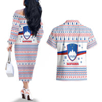 Slovenian Winter Couples Matching Off The Shoulder Long Sleeve Dress and Hawaiian Shirt Ljubljana Dragon with Nordic Snowflakes and Alpine Vibes