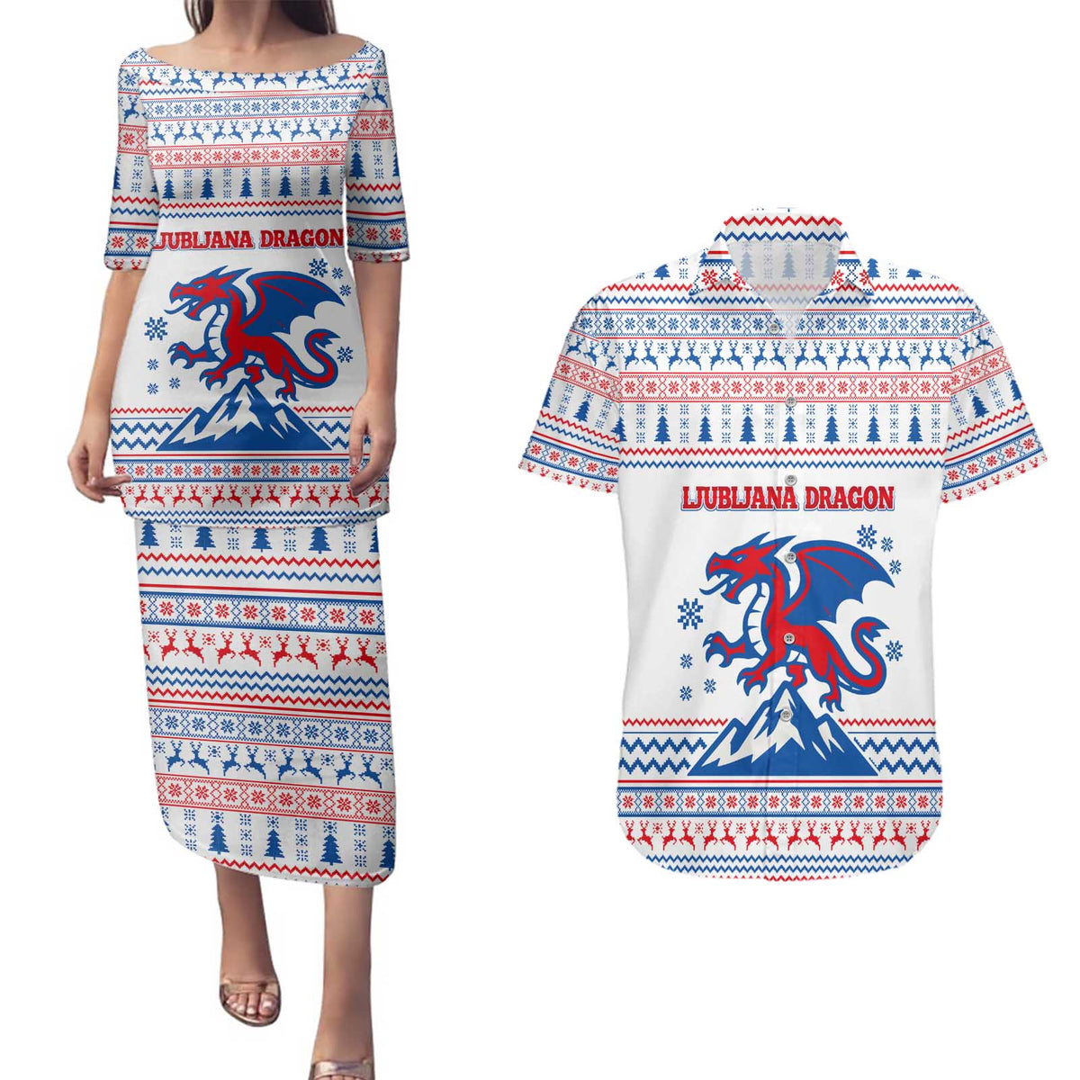 Slovenian Winter Couples Matching Puletasi and Hawaiian Shirt Ljubljana Dragon with Nordic Snowflakes and Alpine Vibes