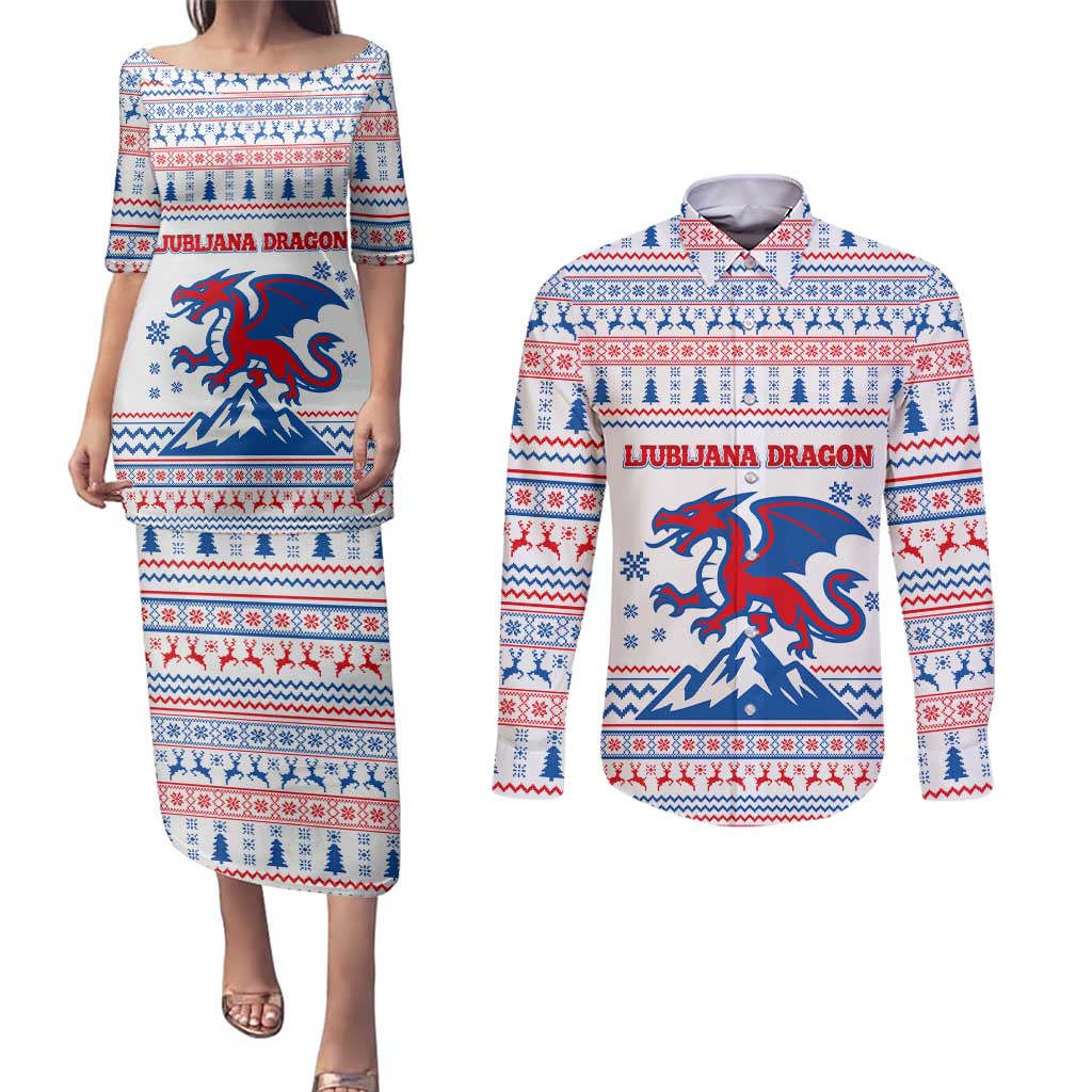 Slovenian Winter Couples Matching Puletasi and Long Sleeve Button Shirt Ljubljana Dragon with Nordic Snowflakes and Alpine Vibes