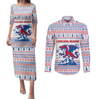 Slovenian Winter Couples Matching Puletasi and Long Sleeve Button Shirt Ljubljana Dragon with Nordic Snowflakes and Alpine Vibes
