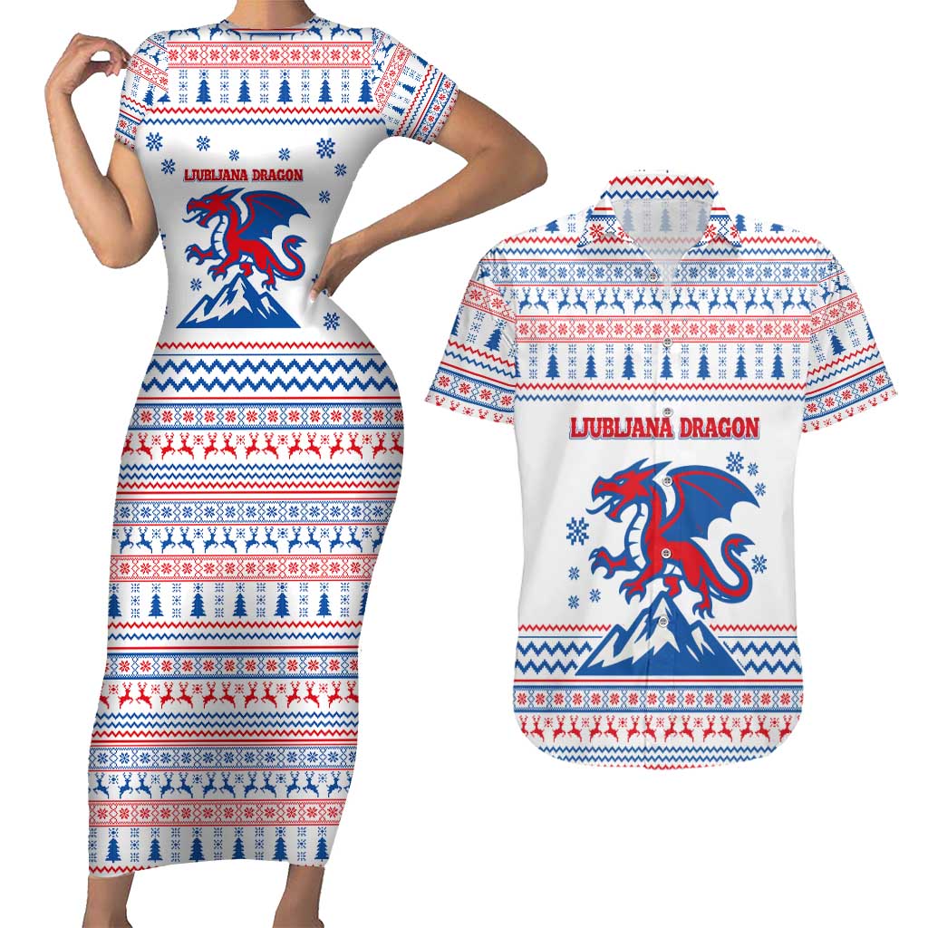 Slovenian Winter Couples Matching Short Sleeve Bodycon Dress and Hawaiian Shirt Ljubljana Dragon with Nordic Snowflakes and Alpine Vibes