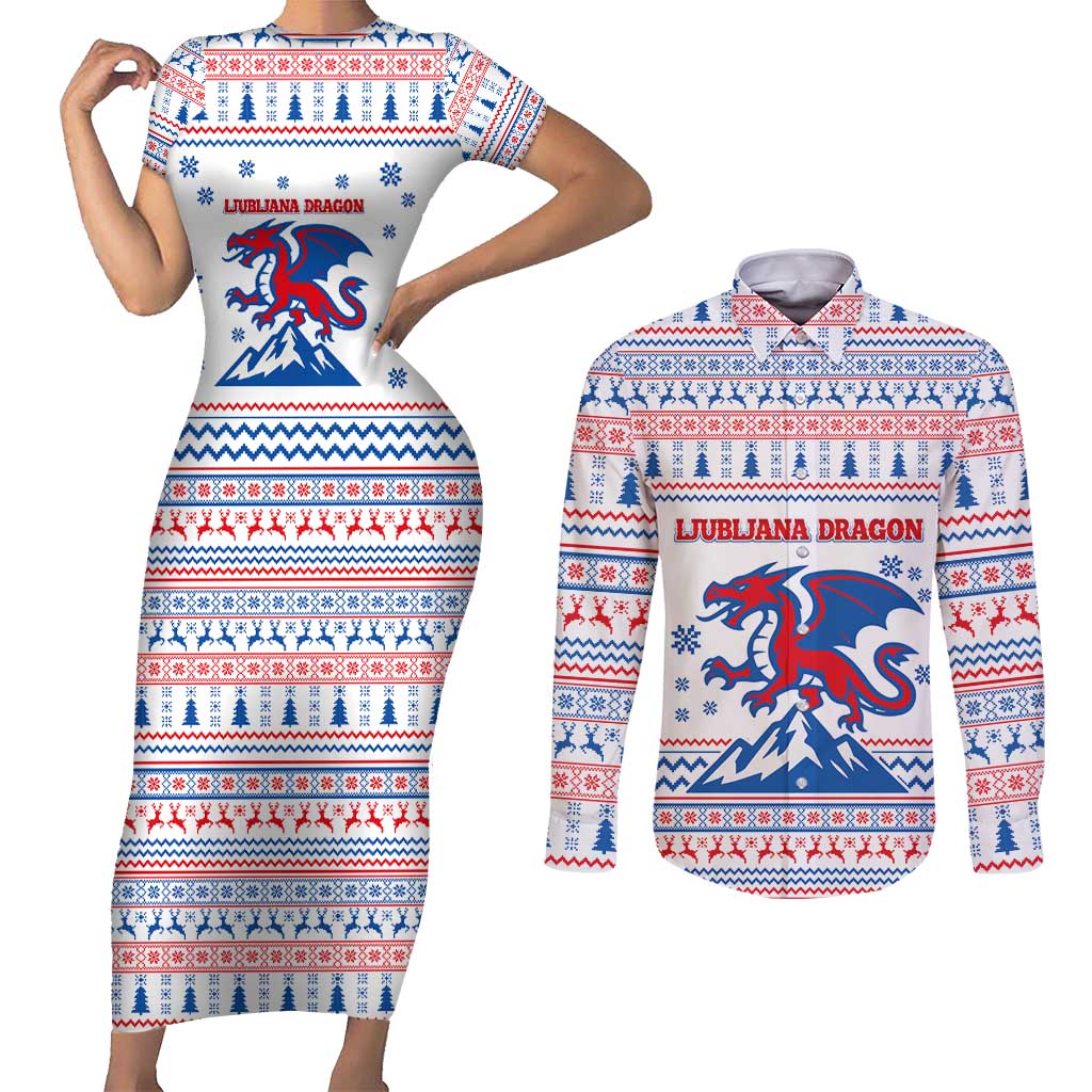 Slovenian Winter Couples Matching Short Sleeve Bodycon Dress and Long Sleeve Button Shirt Ljubljana Dragon with Nordic Snowflakes and Alpine Vibes