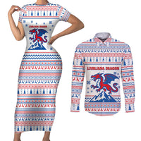 Slovenian Winter Couples Matching Short Sleeve Bodycon Dress and Long Sleeve Button Shirt Ljubljana Dragon with Nordic Snowflakes and Alpine Vibes