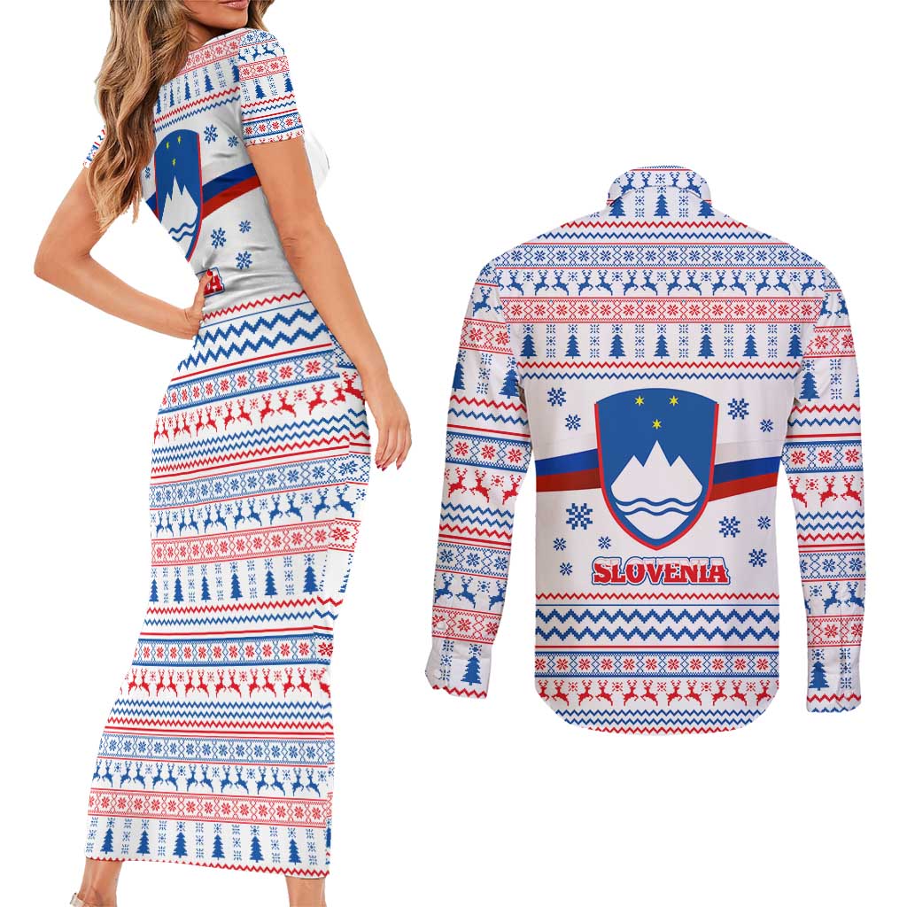 Slovenian Winter Couples Matching Short Sleeve Bodycon Dress and Long Sleeve Button Shirt Ljubljana Dragon with Nordic Snowflakes and Alpine Vibes