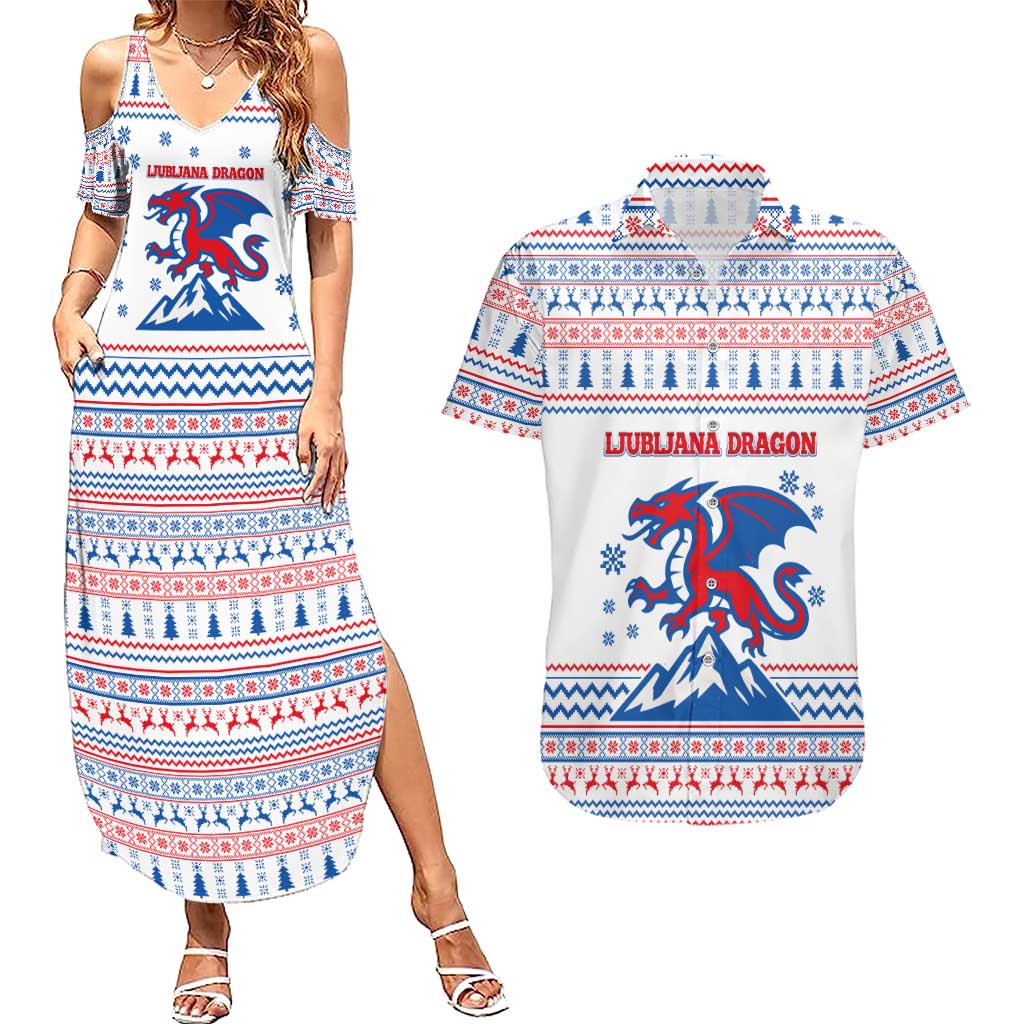 Slovenian Winter Couples Matching Summer Maxi Dress and Hawaiian Shirt Ljubljana Dragon with Nordic Snowflakes and Alpine Vibes