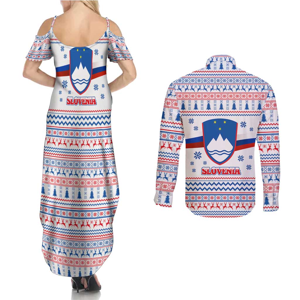 Slovenian Winter Couples Matching Summer Maxi Dress and Long Sleeve Button Shirt Ljubljana Dragon with Nordic Snowflakes and Alpine Vibes