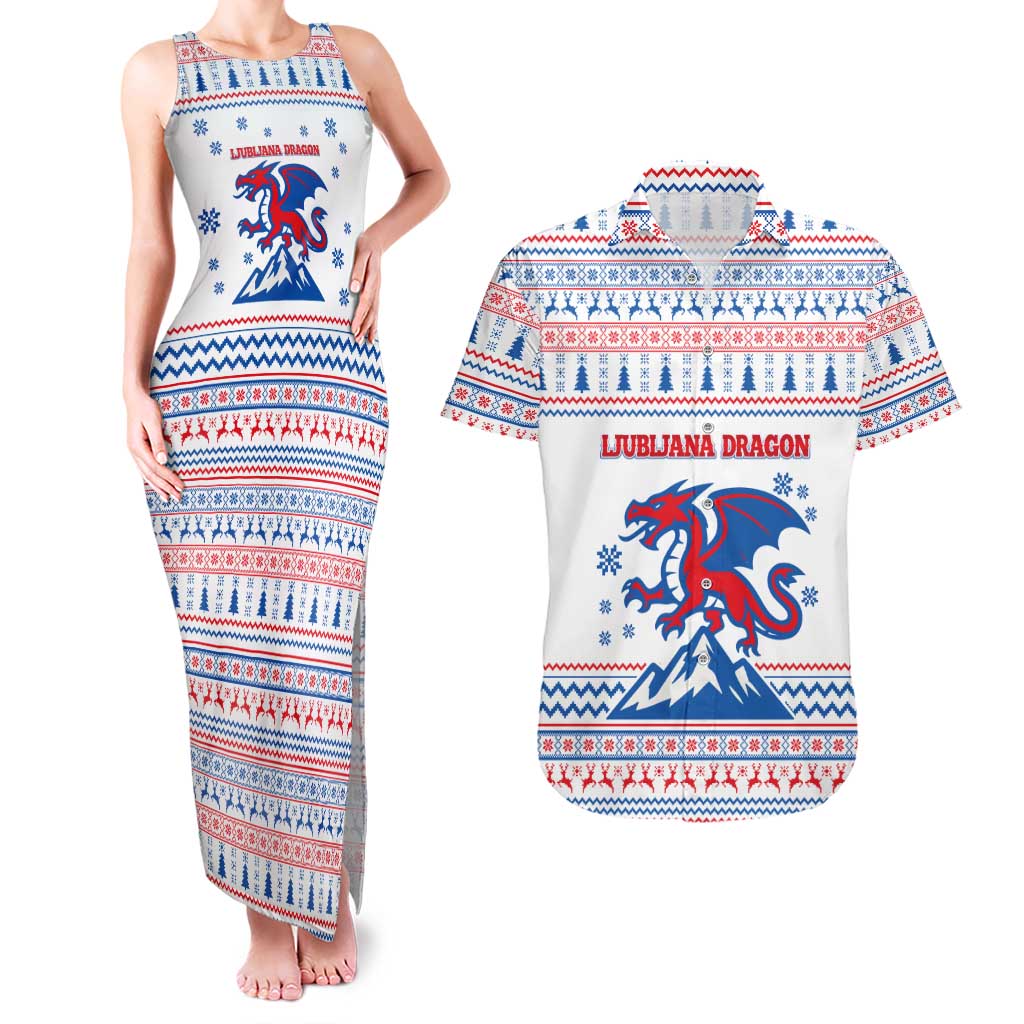 Slovenian Winter Couples Matching Tank Maxi Dress and Hawaiian Shirt Ljubljana Dragon with Nordic Snowflakes and Alpine Vibes