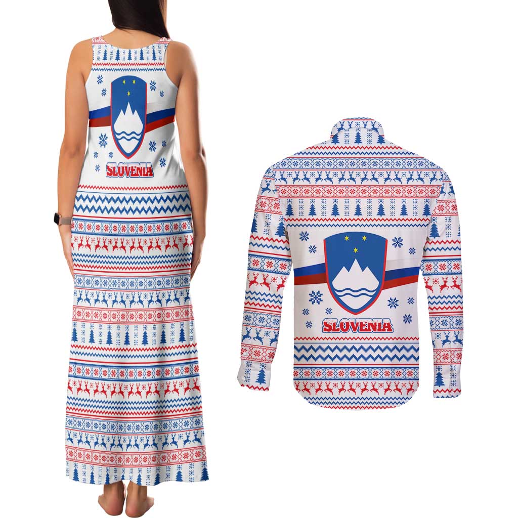 Slovenian Winter Couples Matching Tank Maxi Dress and Long Sleeve Button Shirt Ljubljana Dragon with Nordic Snowflakes and Alpine Vibes