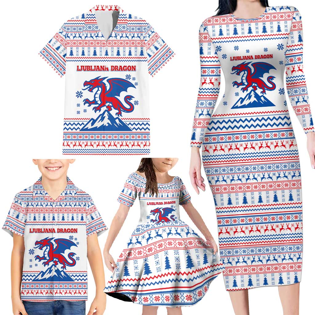 Slovenian Winter Family Matching Long Sleeve Bodycon Dress and Hawaiian Shirt Ljubljana Dragon with Nordic Snowflakes and Alpine Vibes