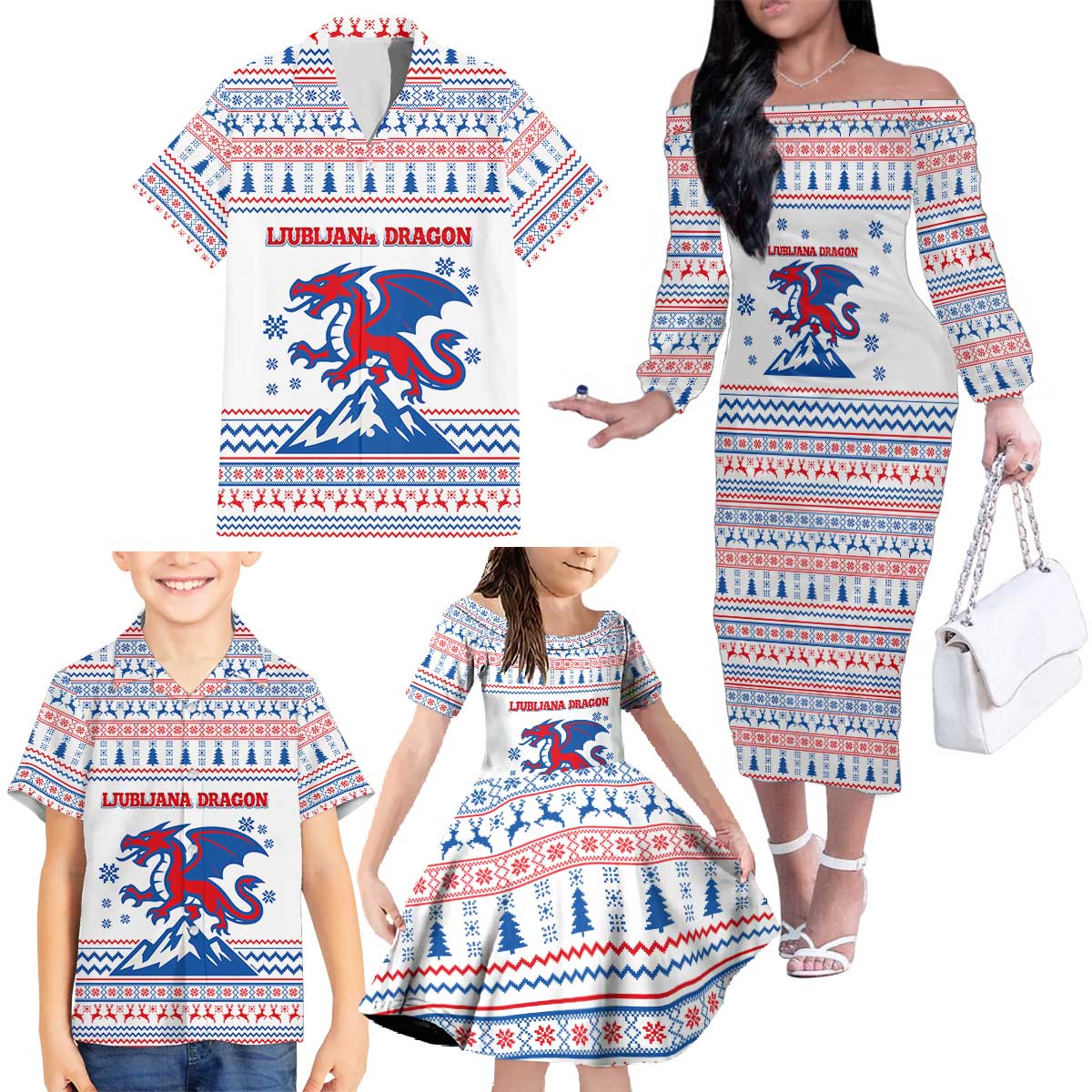 Slovenian Winter Family Matching Off The Shoulder Long Sleeve Dress and Hawaiian Shirt Ljubljana Dragon with Nordic Snowflakes and Alpine Vibes
