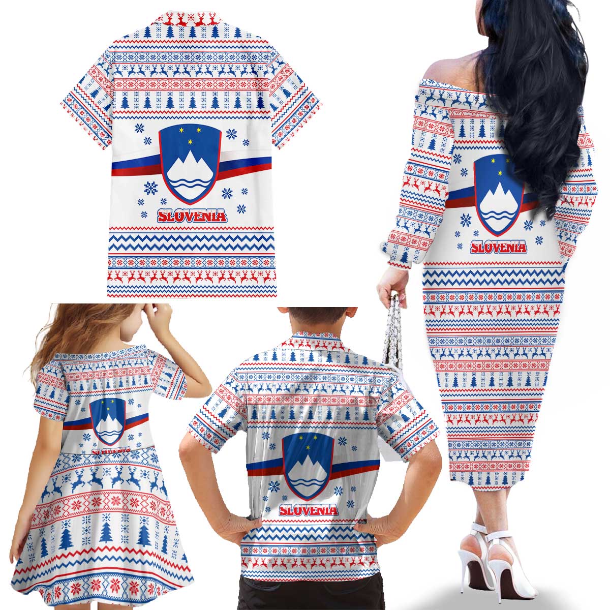 Slovenian Winter Family Matching Off The Shoulder Long Sleeve Dress and Hawaiian Shirt Ljubljana Dragon with Nordic Snowflakes and Alpine Vibes