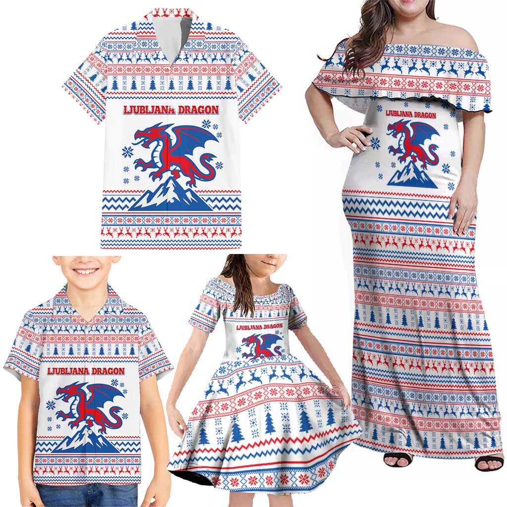 Slovenian Winter Family Matching Off Shoulder Maxi Dress and Hawaiian Shirt Ljubljana Dragon with Nordic Snowflakes and Alpine Vibes