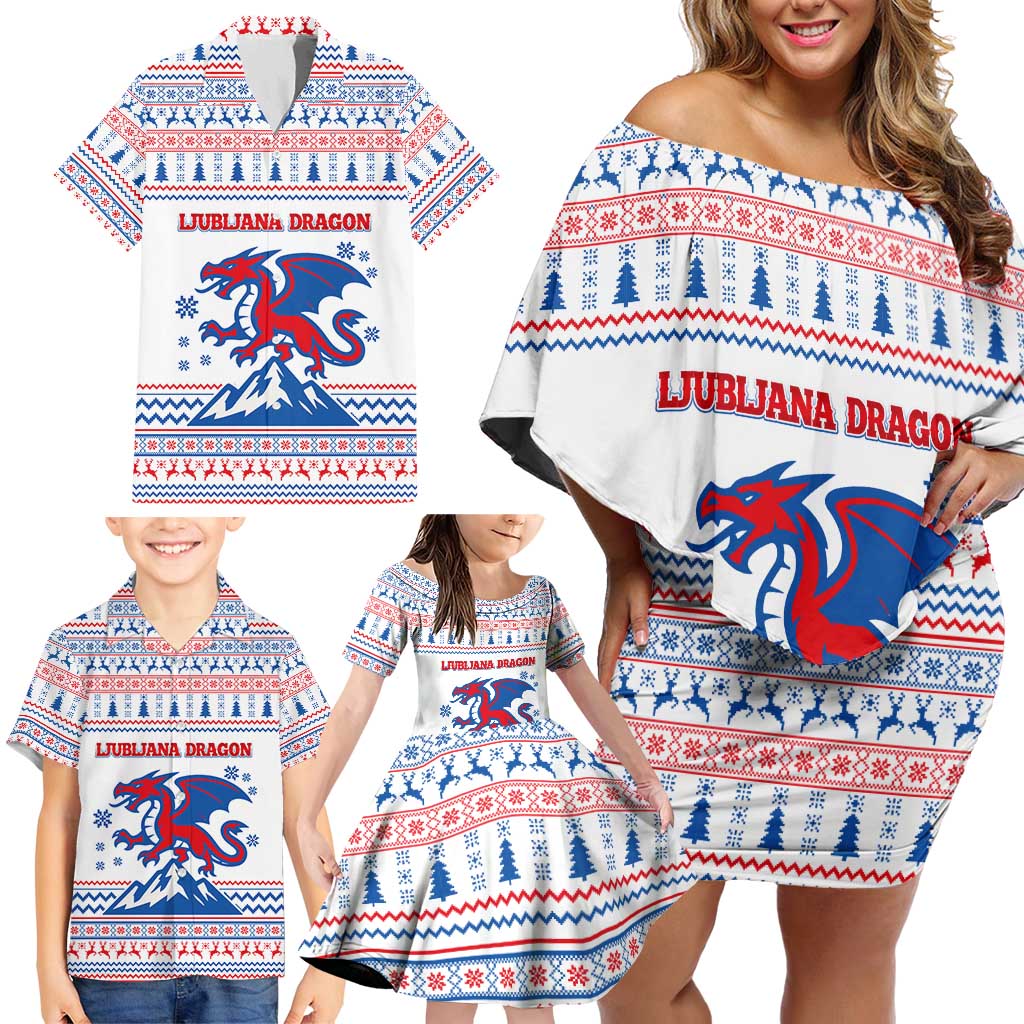 Slovenian Winter Family Matching Off Shoulder Short Dress and Hawaiian Shirt Ljubljana Dragon with Nordic Snowflakes and Alpine Vibes