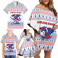 Slovenian Winter Family Matching Off Shoulder Short Dress and Hawaiian Shirt Ljubljana Dragon with Nordic Snowflakes and Alpine Vibes