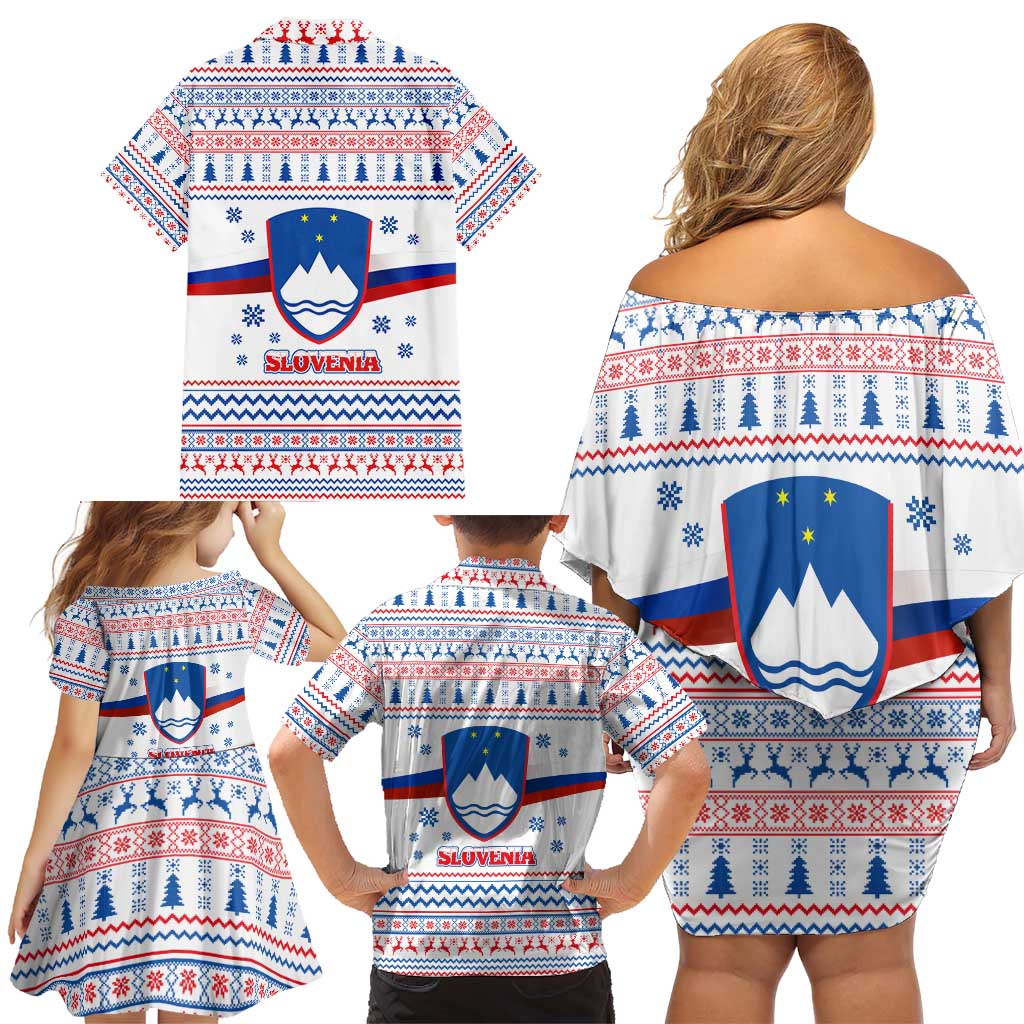 Slovenian Winter Family Matching Off Shoulder Short Dress and Hawaiian Shirt Ljubljana Dragon with Nordic Snowflakes and Alpine Vibes