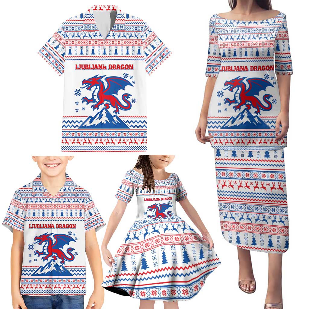 Slovenian Winter Family Matching Puletasi and Hawaiian Shirt Ljubljana Dragon with Nordic Snowflakes and Alpine Vibes