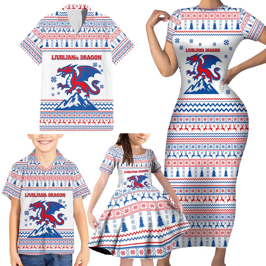 Slovenian Winter Family Matching Short Sleeve Bodycon Dress and Hawaiian Shirt Ljubljana Dragon with Nordic Snowflakes and Alpine Vibes