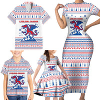 Slovenian Winter Family Matching Short Sleeve Bodycon Dress and Hawaiian Shirt Ljubljana Dragon with Nordic Snowflakes and Alpine Vibes