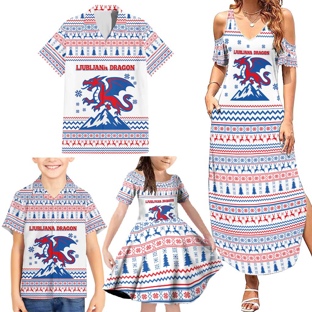 Slovenian Winter Family Matching Summer Maxi Dress and Hawaiian Shirt Ljubljana Dragon with Nordic Snowflakes and Alpine Vibes