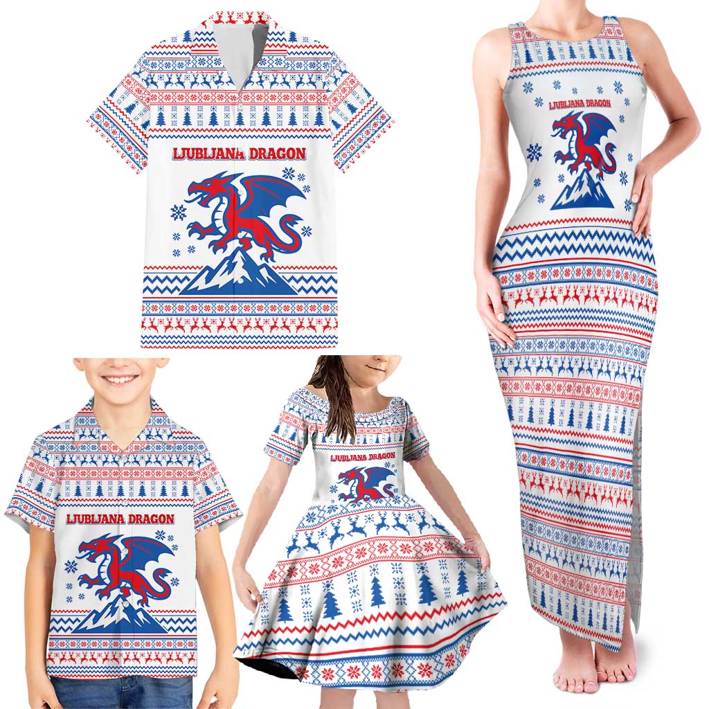 Slovenian Winter Family Matching Tank Maxi Dress and Hawaiian Shirt Ljubljana Dragon with Nordic Snowflakes and Alpine Vibes