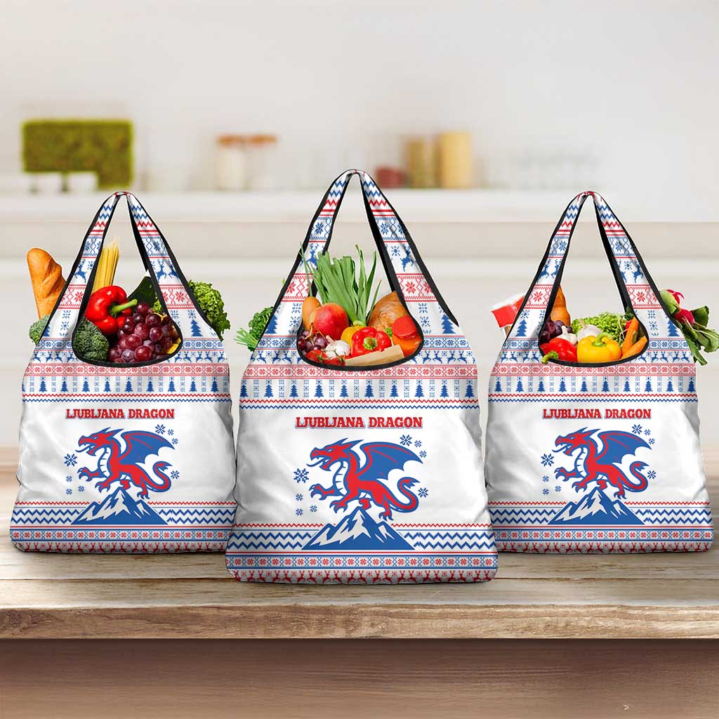 Slovenian Winter Grocery Bag Ljubljana Dragon with Nordic Snowflakes and Alpine Vibes